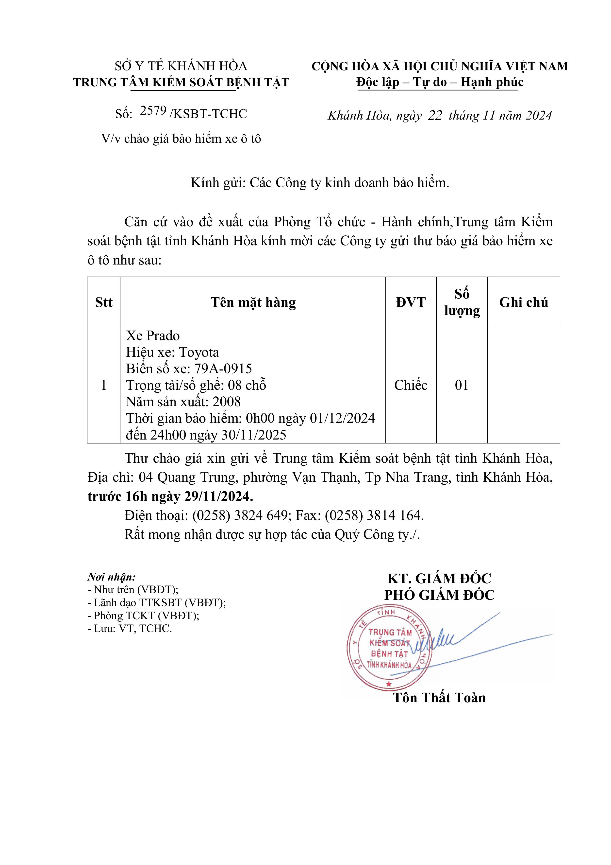 Thông báo mời chào giá bảo hiểm xe ô tô